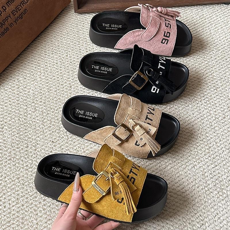 Internet celebrities with the same 2025 spring and summer trend explosion half drag versatile one pedal tassel casual lazy fish mouth slippers