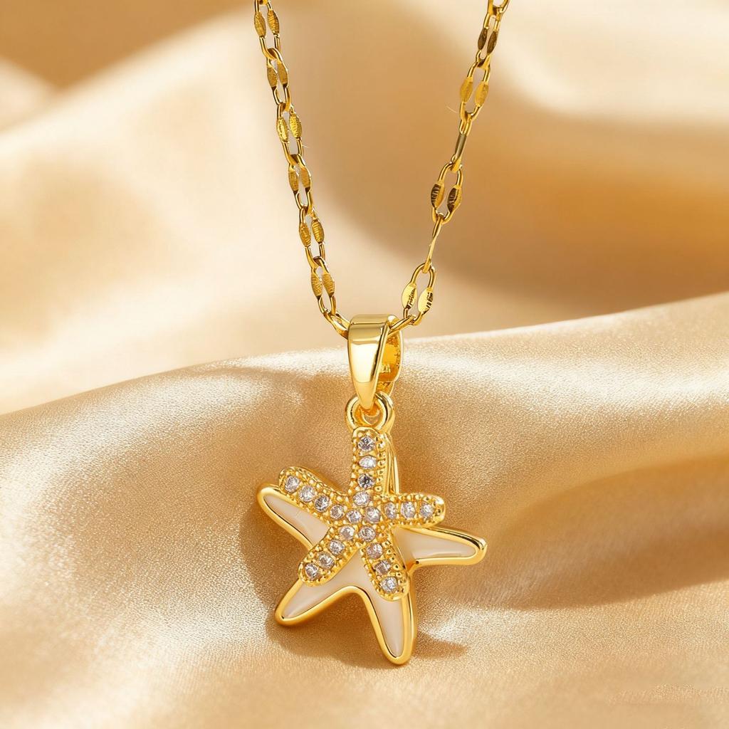 High‑Quality Temperament Light‑Luxury Full‑Zircon Copper Starfish Micro‑Inlaid Women Necklace, Star‑Plated Simple Stylish Collarbone Neck Chain