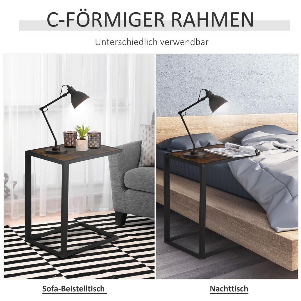 Mesa Lateral em Forma de C, Mesa de Cabeceira com Estrutura de Metal, Mesa de Apoio Decorativa para Sofá na Sala de Estar, Quarto, Marrom e Preto