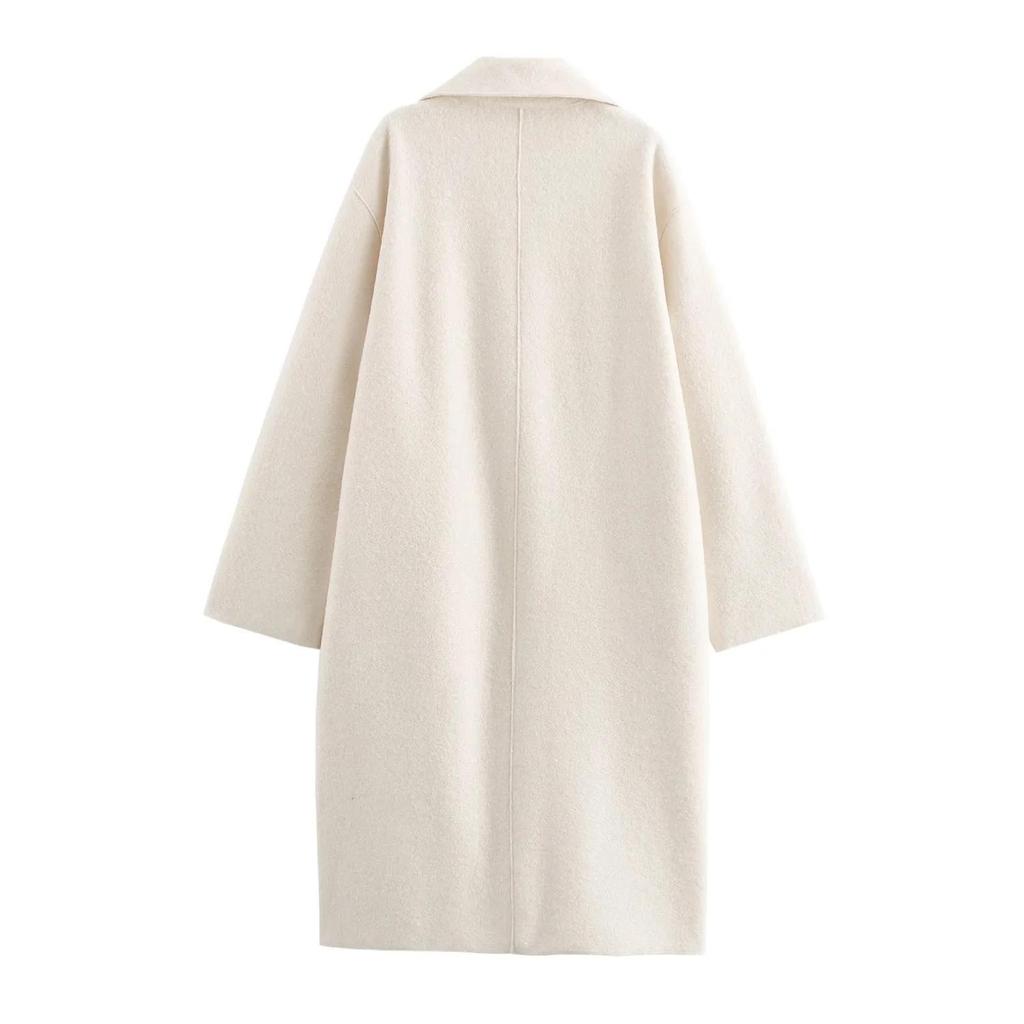 Damski Długi Wełniany Płaszcz Bouclé z Klapami i Kieszeniami - Jednolity Kolor na Jesień/Zimę.