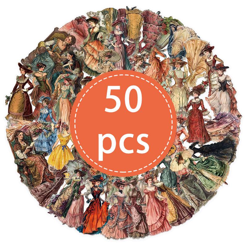 

50 шт. Винтажные прозрачные наклейки с викторианской леди, Ретро эстетические наборы модных наклеек, Виниловые водонепроницаемые наклейки для скрапбукинга