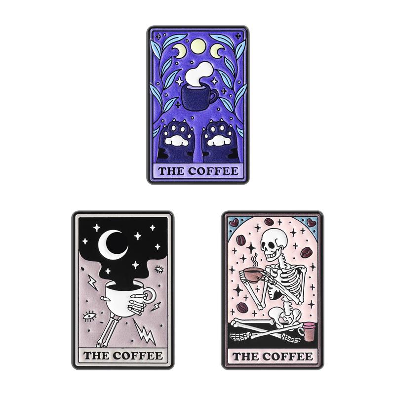 The Coffee Tarot Card UV Printing Pins Skeleton Cat Paw Moon Phase Brooches Badges Punk Jewelry Gift for Friends