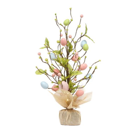 Pre-lit Easter Egg Tree with Burlap Base Battery Powered Easter Birch Tree with LED Light Tabletop Centerpiece for Home Table Spring Party Decoration