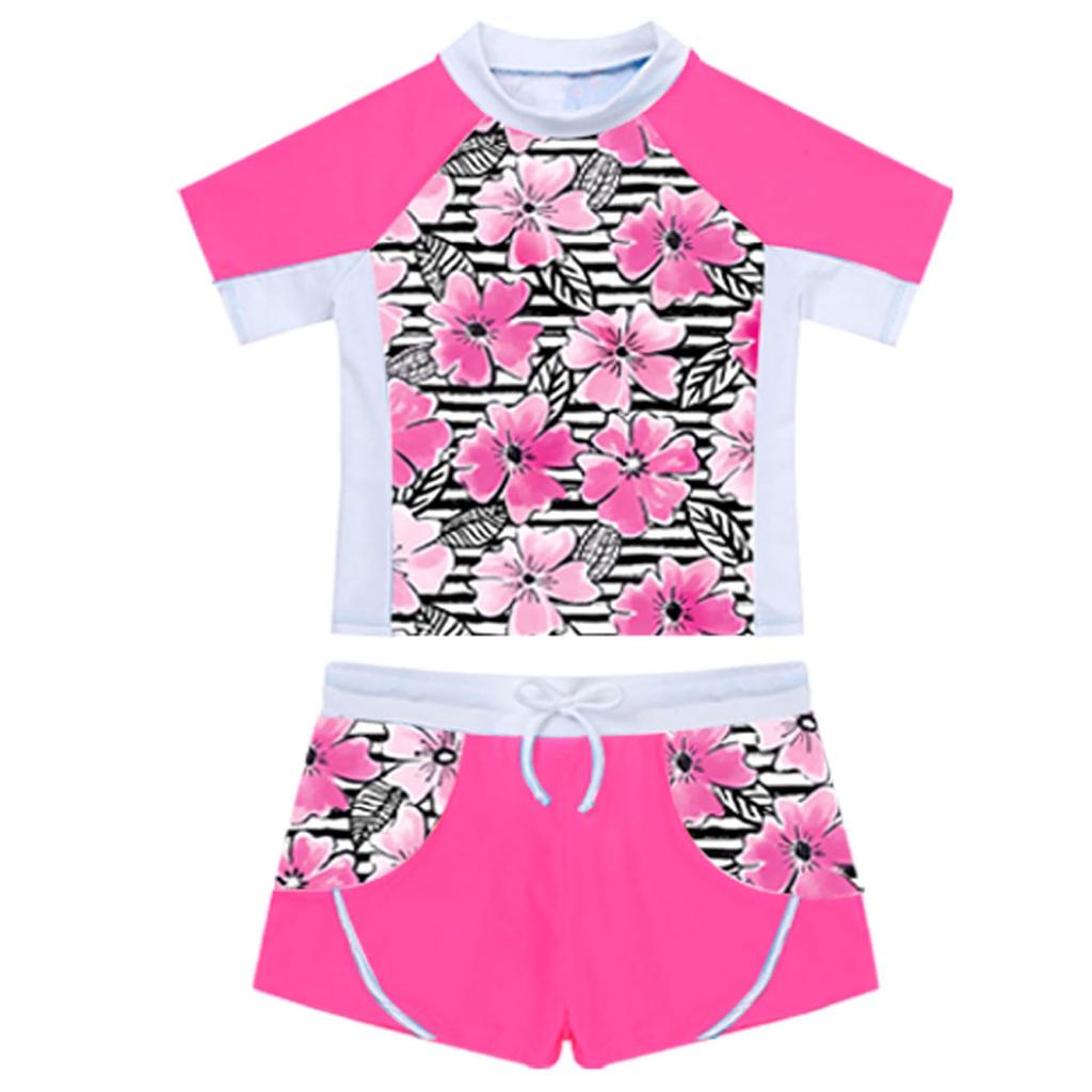 Dětské Dívčí Tričko Tankini Set s květinovým potiskem Rash Guard s plavkami Krátké kalhoty Plavky Plavky