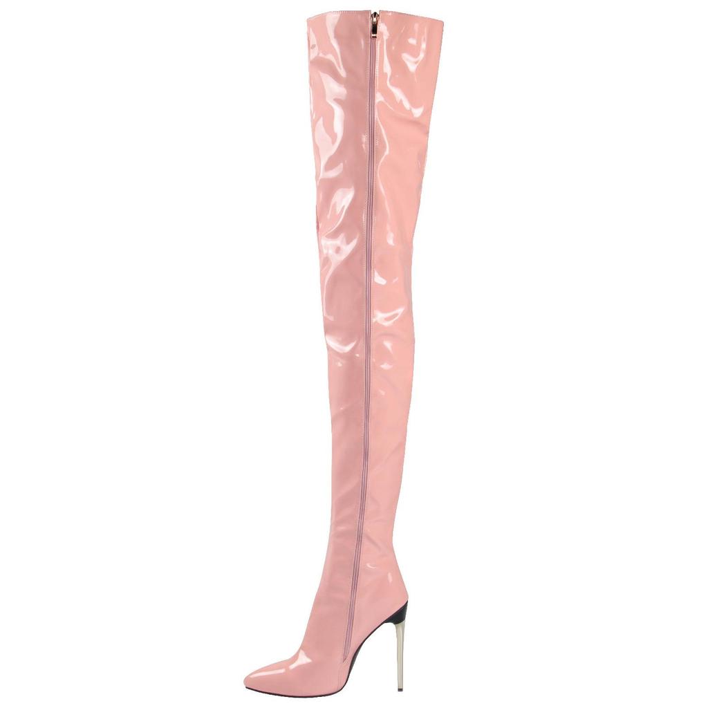 Sexy Damen-Overknee-Stiefel, Mädchen-High-Heel-Stiefel, plissiertes Lackleder, Motorrad, spitze Zehen, Reißverschluss-Schuhe