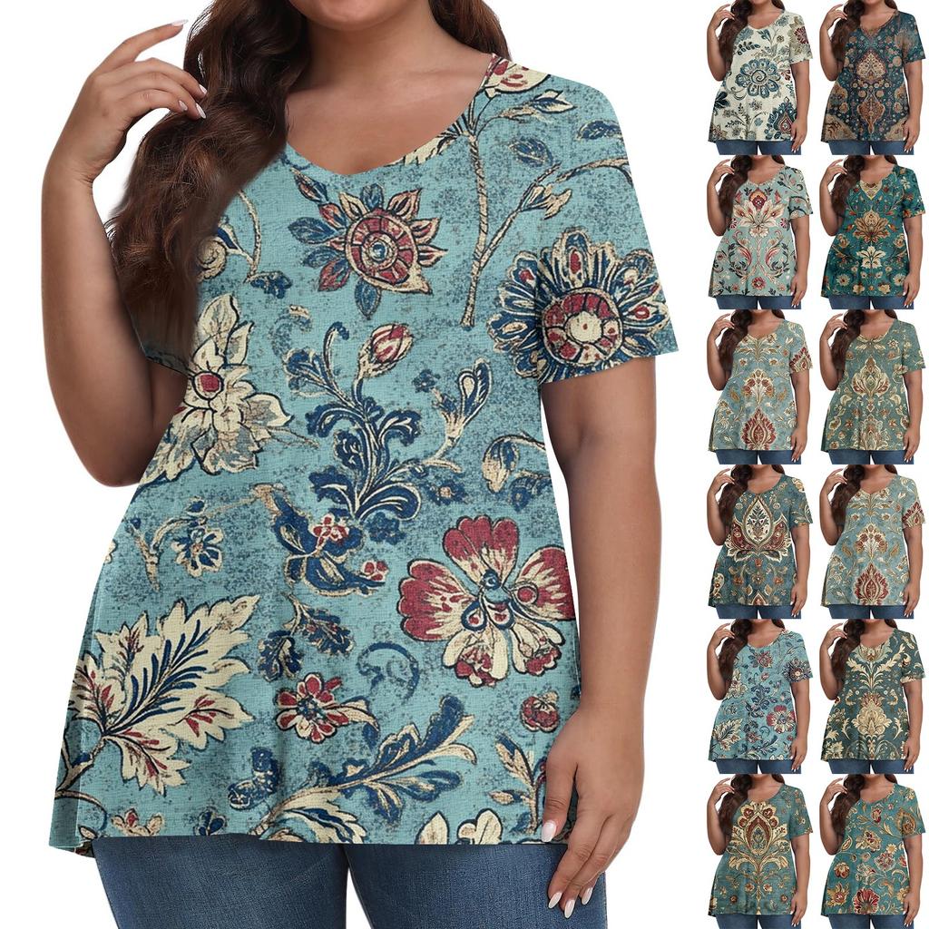 Women's Fashion Casual V-Neck Pullover Short Sleeve Large Size Vintage Printed Top