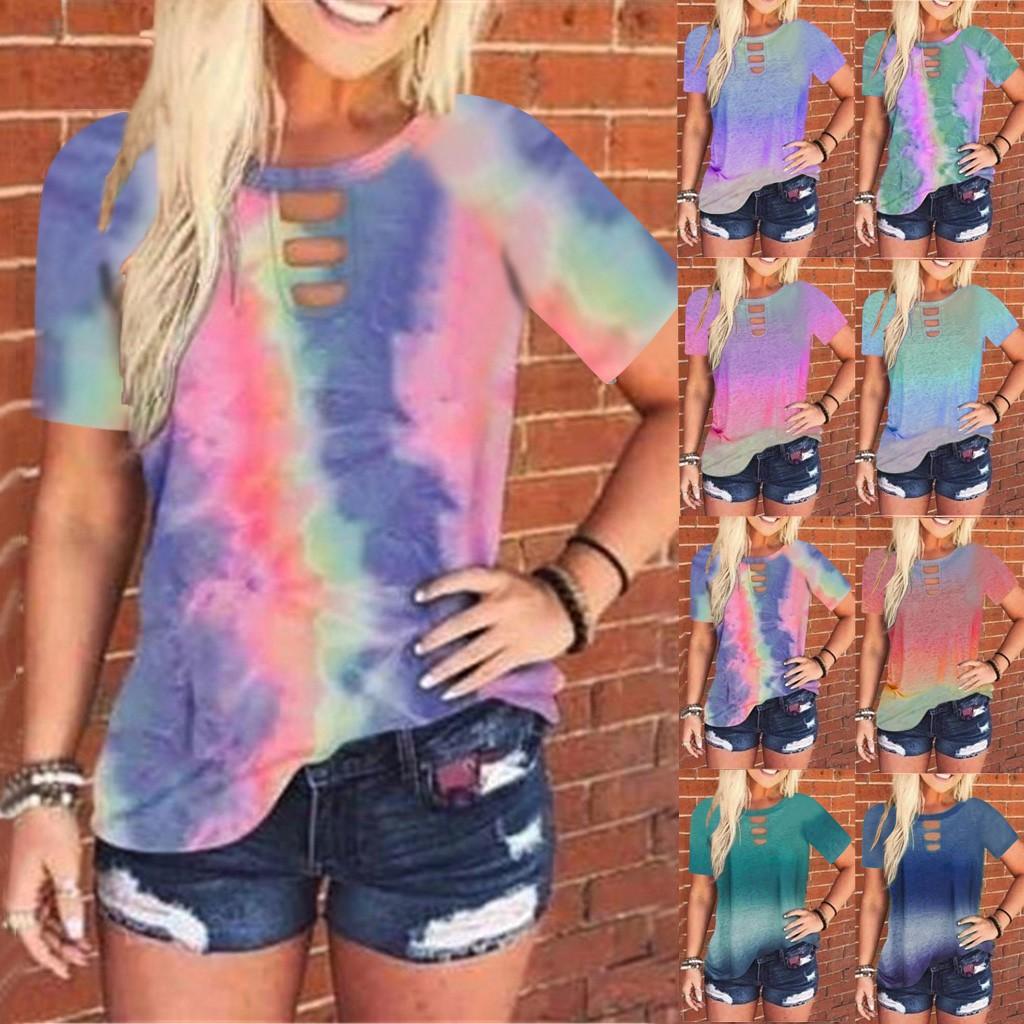 

Women s Casual Tie-dye Print Shirt Short Sleeve Pullover Blouse Hollown Tops