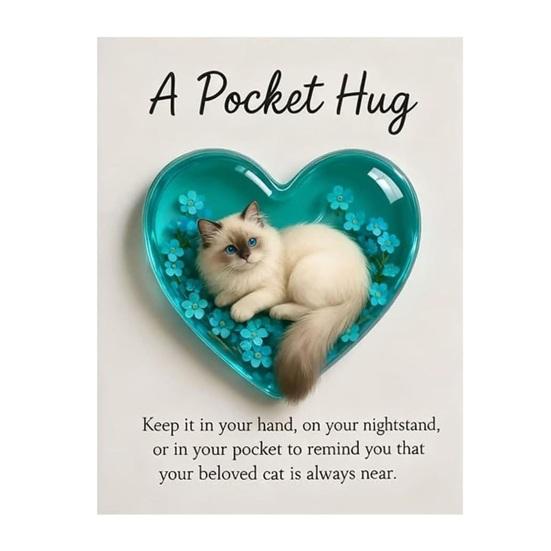 Cat Memorial Pocket Hug with Inspirational Card Emotional Support Heart-Shaped Sleeping Cat Charm Keepsake Figurine Decoration Cat Owners Lovers Gift