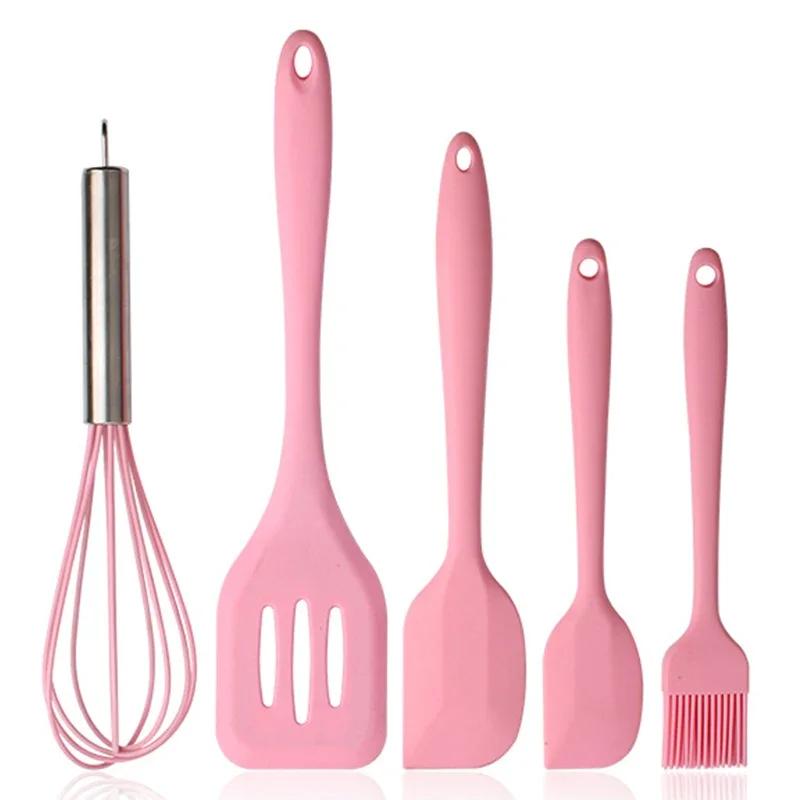 5Pcs Silicone Baking Utensils Set Non-Stick Silicone Cake Spatula Cooking Shovel Whisk Oil Brush Flexible Kitchen Utensils Sets