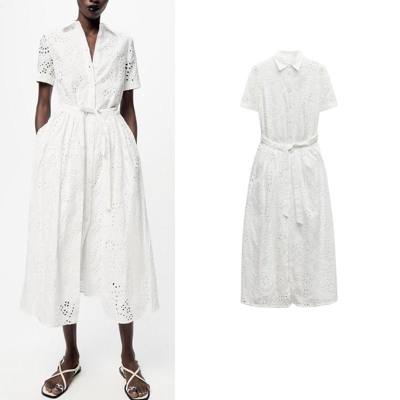 Spring New French Design Elegant Sweet Tie-Neck Waist Embroidered Shirt Style Dress 2614271