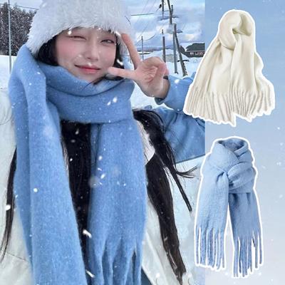 Winter Scarf For Women Cashmere Warm Solid Color Neckerchief Female Thick Soft Tassel Fluffy Long Narrow Scarves