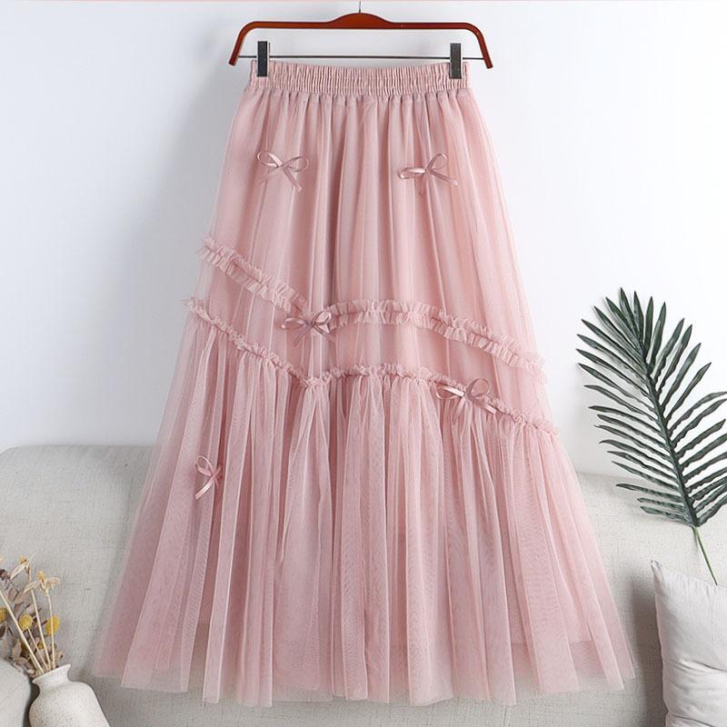 Qooth Women Gentle Bow Lace Tulle Long Skirt With Big Swing Sweet Elastic Waist Mesh A-line Skirt For Spring Summer QT2313