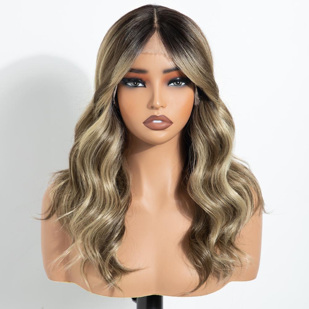 FREEDOM Synthetic Lace Front Wigs For Women Ombre Brown Blonde 18 Inch Body Wave Lace Wig With Bangs Heat Resistant Cosplay Wig