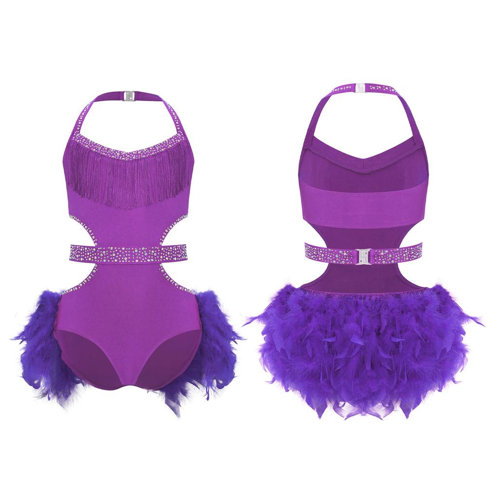 Girls Latin Dance Costume Sparkly Rhinestones Halter Leotard with Feather Skirt for Performance