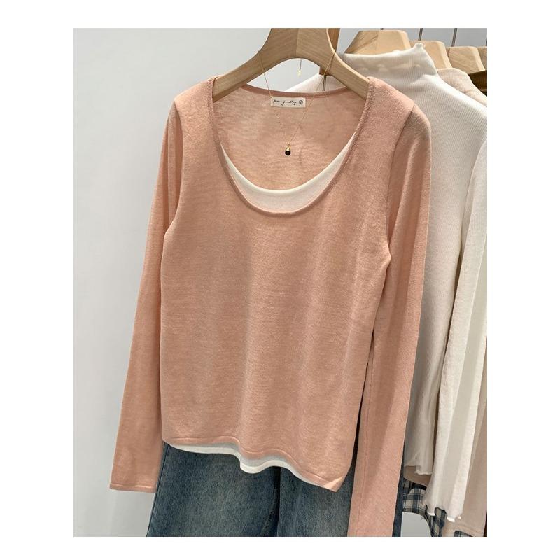 Spring Autumn Fake Two Pieces Loose Casual Fashion Sweater Women Long Sleeve Patchwork Knitting Bottomed Top