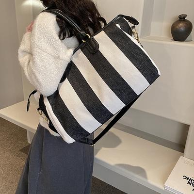 Women's Hand and Shoulder Bag Black and White Stripes Large Capacity Casual Bag