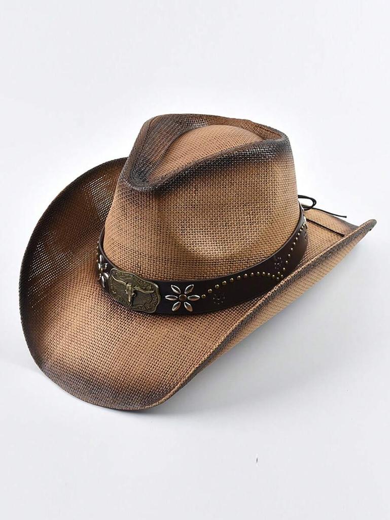 Western Style Straw Cowboy Hat With Decorative Belt Summer Sun Hat Beach Vacation Cap