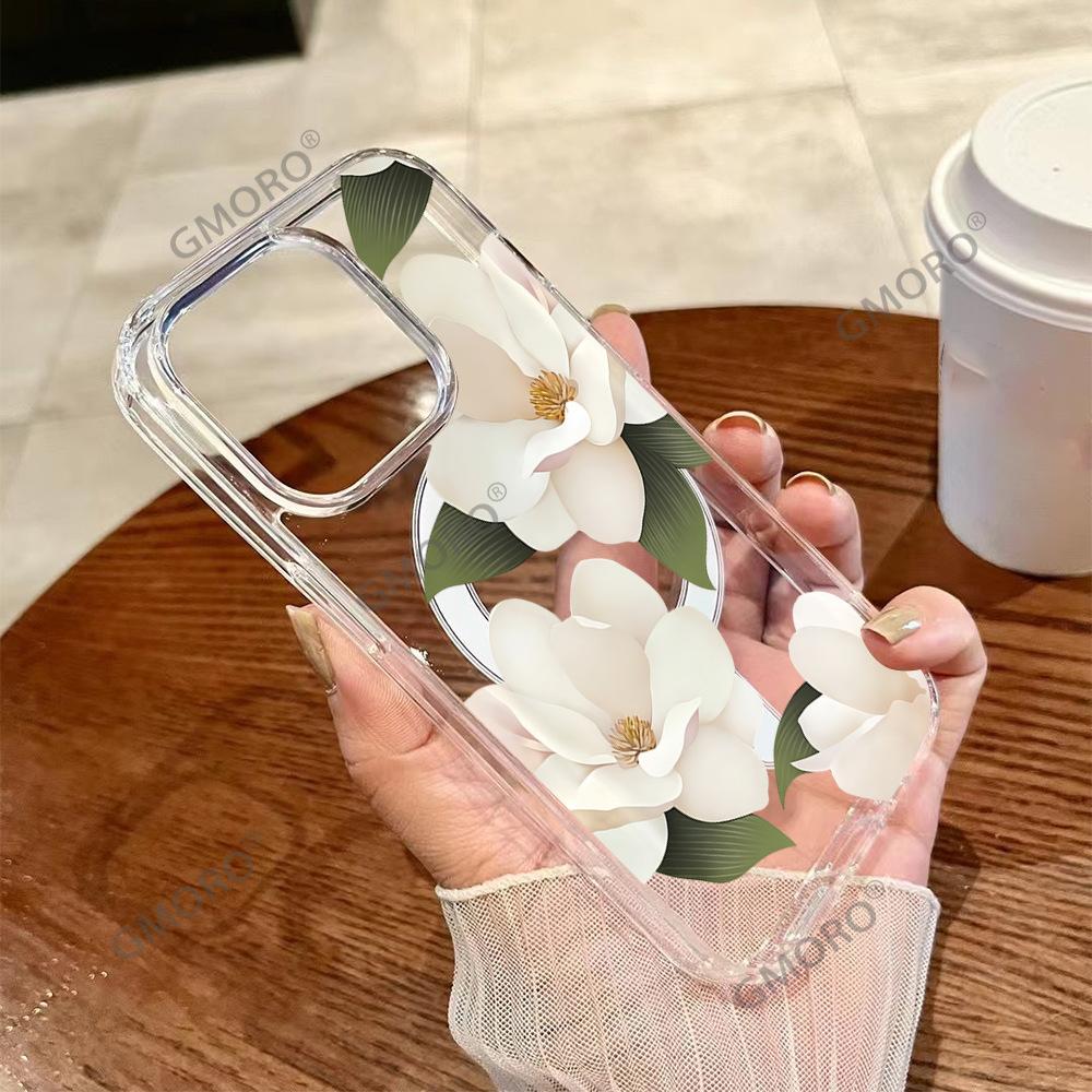 Amazon hot-selling white flower mobile phone case Apple 17pm transparent magnetic case iPhone12 hard case protective case