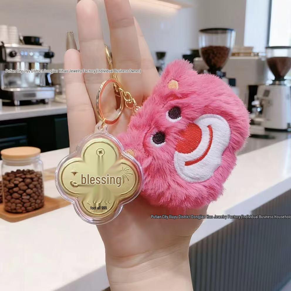 999 Pure Gold Four-Leaf Clover Good Luck Charm: Little Fish, Strawberry Bear Bracelet, Keychain, & Phone Pendant