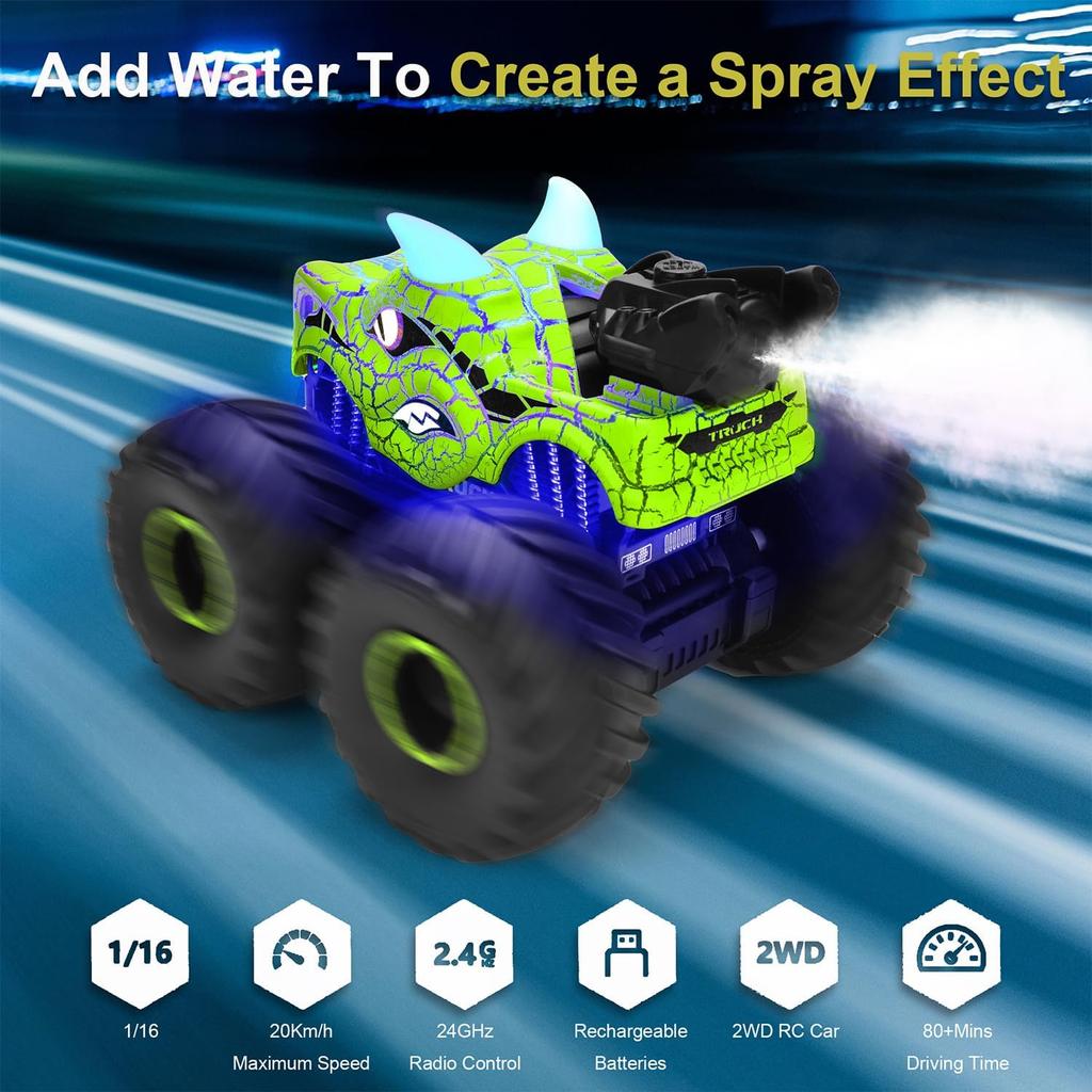 Remote Control Dinosaur Car Toys for Kid Boys, 2.4GHz RC Monster Truck Toys with Spray, Light, Sound, All Terrain Rechargeable Electric RC Car Toy,
