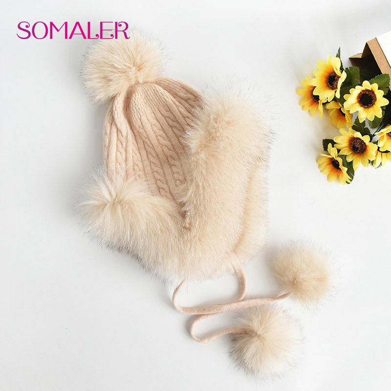 SOMALER Winter Knit Real Fur Hats for Women Real Fox Fur Earflap Cap with Fur Pom Pom Warm Knitted Ear Protection Beanies