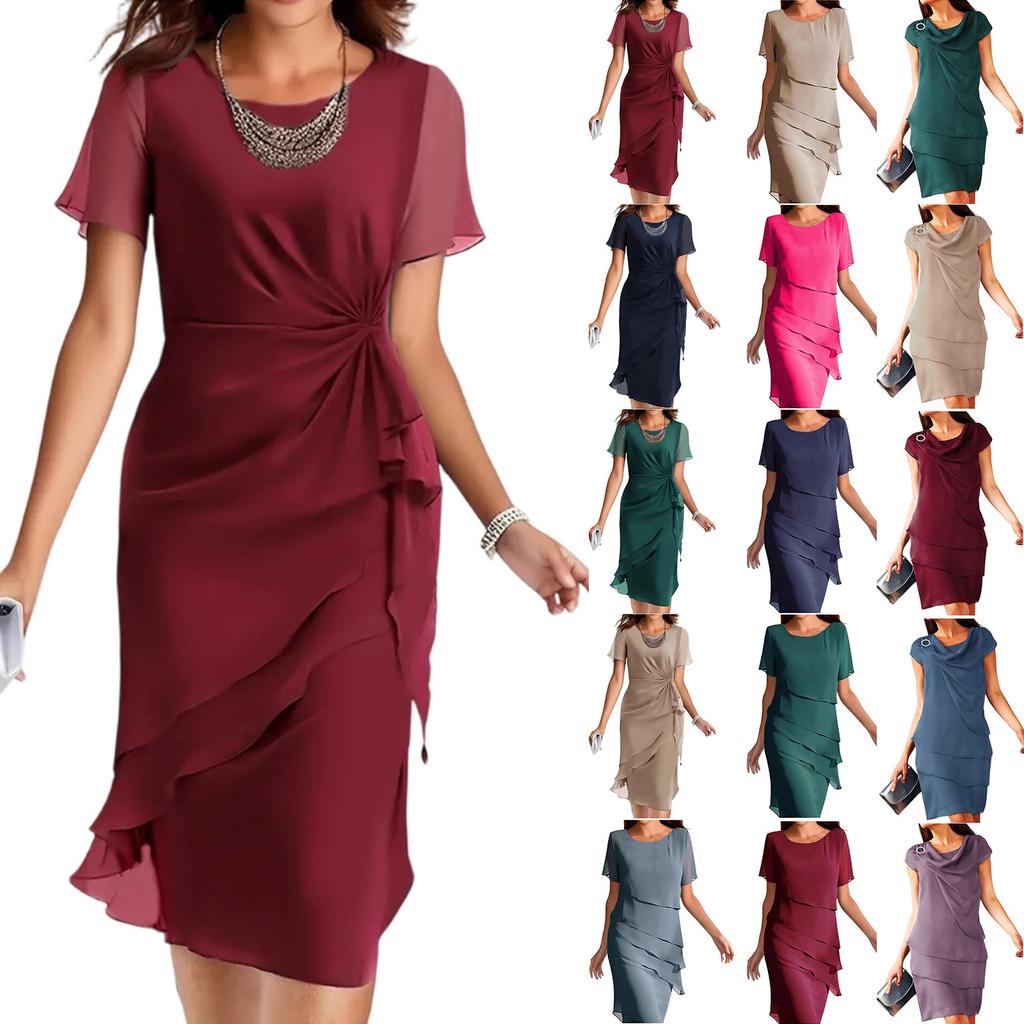 Kjole for kvinner sommerkjole slim fit kjole ensfarget chiffon rund hals kort ermet kjole