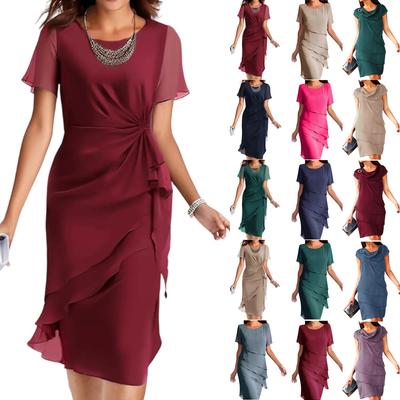 Vestido de verano para mujer, ajustado, de gasa, color liso, cuello redondo, manga corta