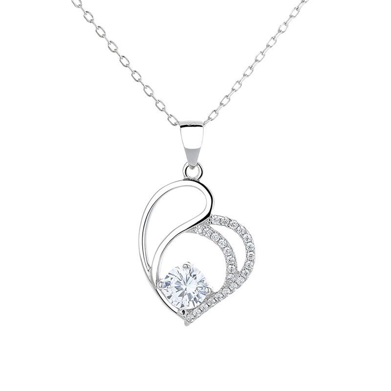 Sterling Heart Pendant Necklace With Sparkling Zircon Stones Elegant Chic Jewelry Women