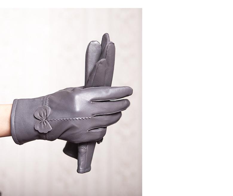Women's Winter Bow Leather Gloves: Thick Velvet, Windproof, Waterproof, Warm Cycling Gloves