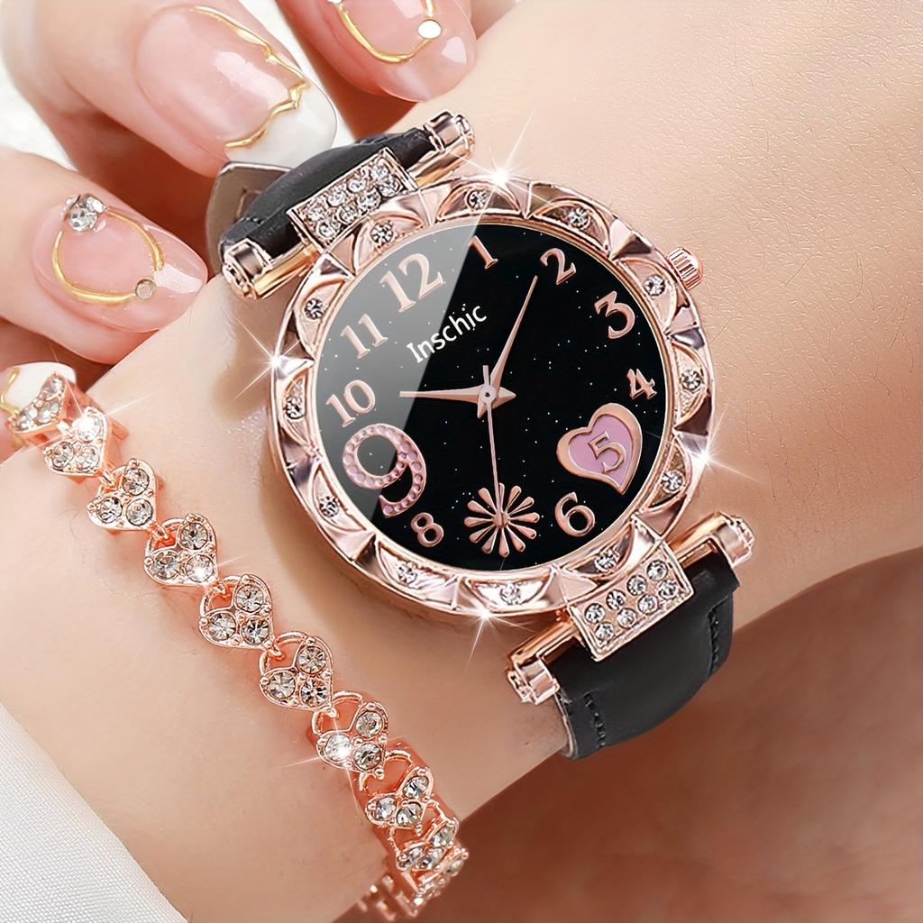 2pcs/set Women's Casual Heart Rhinestone Quartz Watch Analog PU Leather Wrist Watch & Bracelet, Valentines Gift For Her