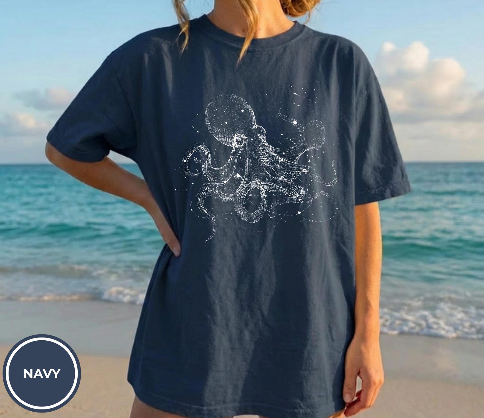 Constellation Octopus T- Shirt, Animal Lover, Line Art Sea Creature Shirt, Ocean Shirt, Nautical Tee M
