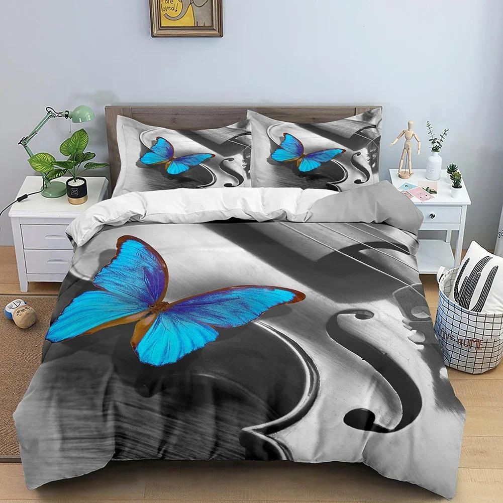 Muzyczny Zestaw Pościeli Różowy Nadruk Skrzypiec Zestaw Poszwy na Kołdrę Twin King Queen Poszwy na Kołdrę z Poszewką na Poduszkę Pokrowiec na Kołdrę Tekstylia Domowe