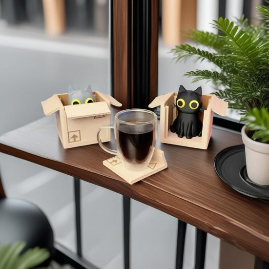 4 stk Søt Katt Boks Brikkesett Katteformede Brikker Sklisikre Varmeunderlag Kattunge i Boks Brikker Skrivebord Kaffebord Dekor for Katteelskere