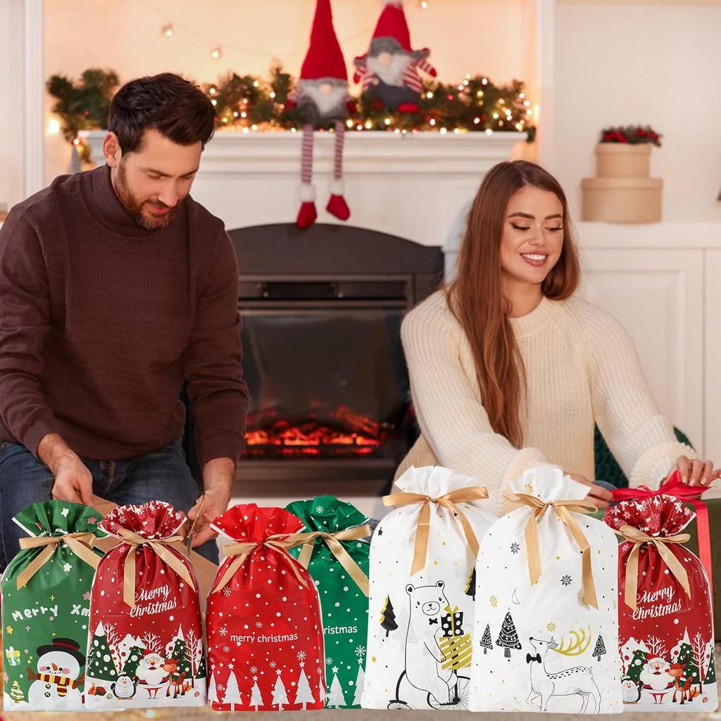Bomvabe 20 Drawstring Gift Bags for Christmas Presents, Food Grade Christmas Treat Bags for Candies Cookies, Christmas Wrapping Bags Assorted Sizes