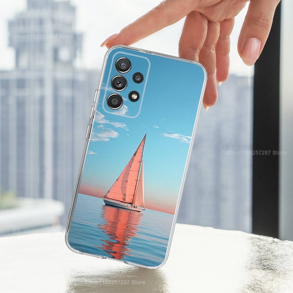 Painting Art Sailing Boat Phone For Samsung A30,71,51,S20,10,9,Ultra,FE,Lite, S21,23,22,PIus,Transparent, Silicone Case