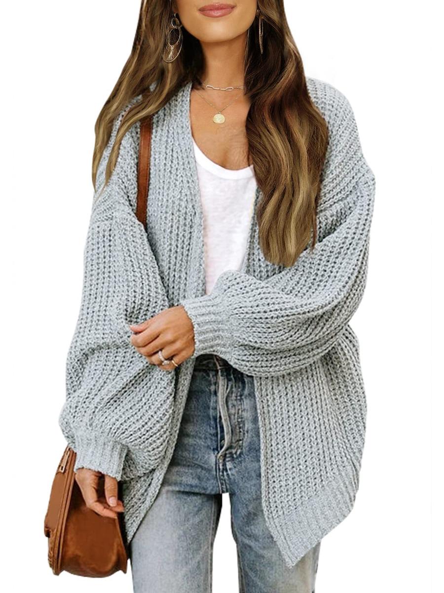 

Women s Lantern Sleeve Chunky Knit Cardigan Sweater Fall Winter New Arrivals with Pocket S сірий колір