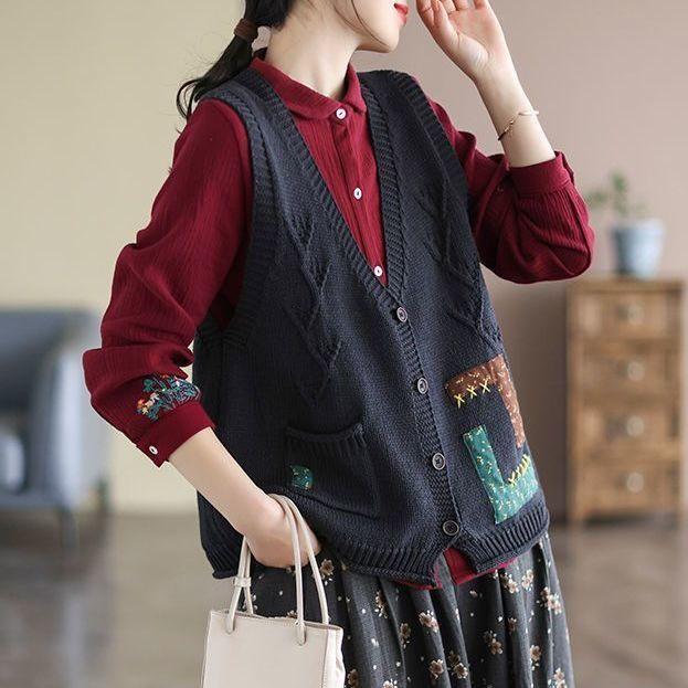 Květinová nášivka kapsa Bavlna Dámská pletená vesta Cardigan Volný a zeštíhlující podzimní ležérní výstřih do V bez rukávů