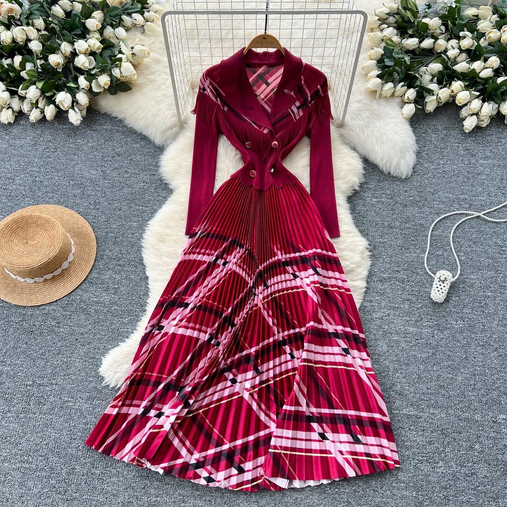 Spring Autumn Women Elegant Blazer Collar Double Breasted Print Office Party Long Maxi Pleated Dresses