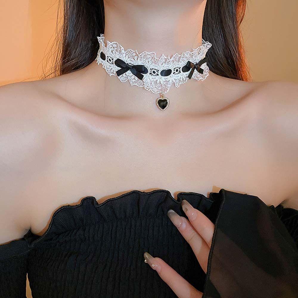 Stoff Spitzen Halskette Lolita Cosplay Schleife Spitzenkette Choker Gotischer Kragen Damen Modeaccessoires Spitzenkette Perlen Party