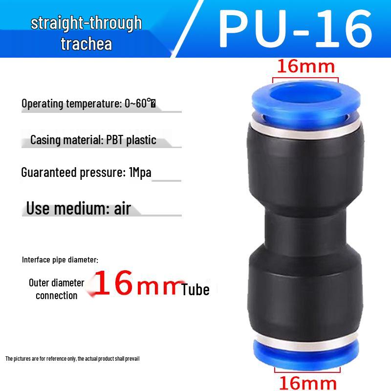 Pneumatic Air Tube Connector: PU8 Straight, PV10 Right-Angle Elbow, Quick-Insert, Butt Joint, Blue Plastic, PG6-4 Reducer.