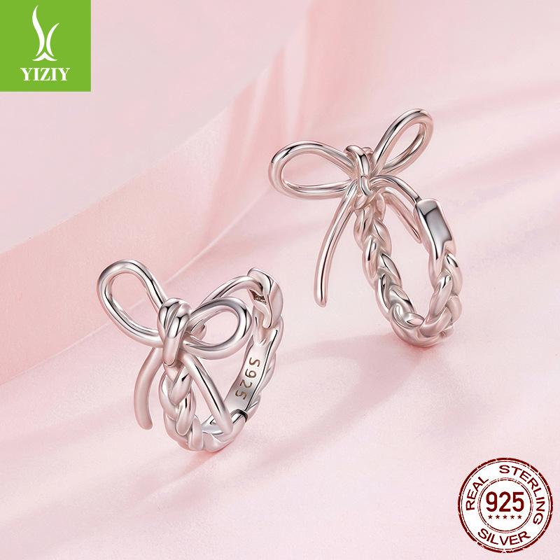 Woven Bow Ear Buckle Ladies, Sweet Girly Heart S925 Sterling Silver Full Body Earrings Earrings