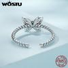 WOSTU 925 Sterling Silver Love Pink Buttefly Open Rings For Women Shiny Clear CZ Adjustable Ring Family Birthday Party Jewelry