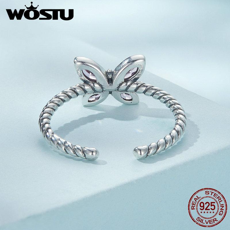 WOSTU 925 Sterling Silver Love Pink Buttefly Open Rings For Women Shiny Clear CZ Adjustable Ring Family Birthday Party Jewelry