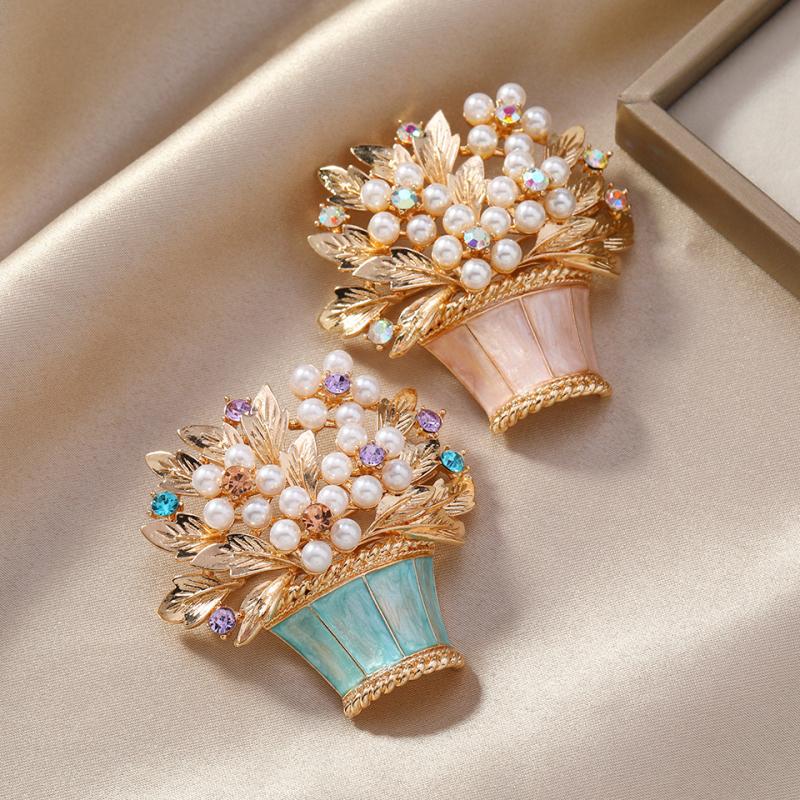 Fashion Luxury Pearl Pot Flowers Brooches For Women Clothing Coat Party Accessries Gifts