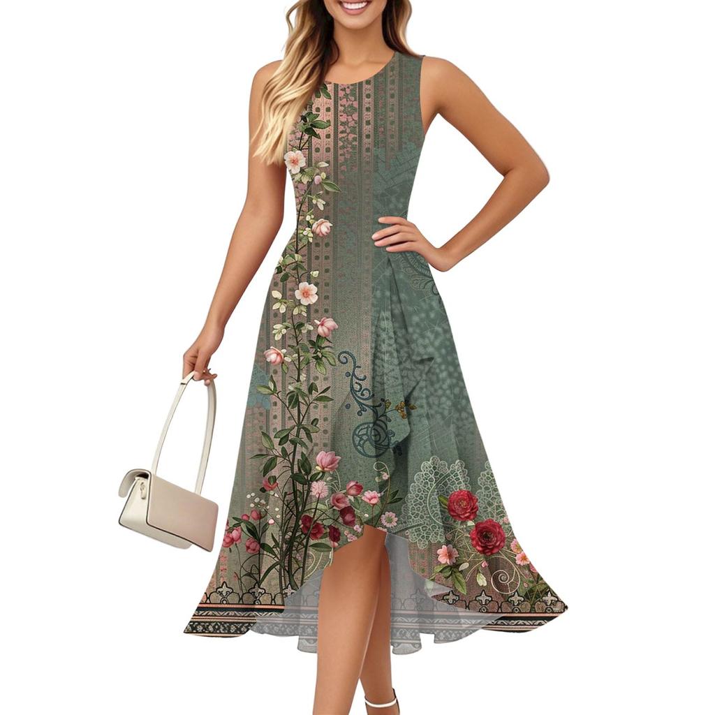 Damenmode Lässig Reißverschluss Ärmellos Rundhals Bedruckt Elegant Temperament Rüschenkleid Kleider