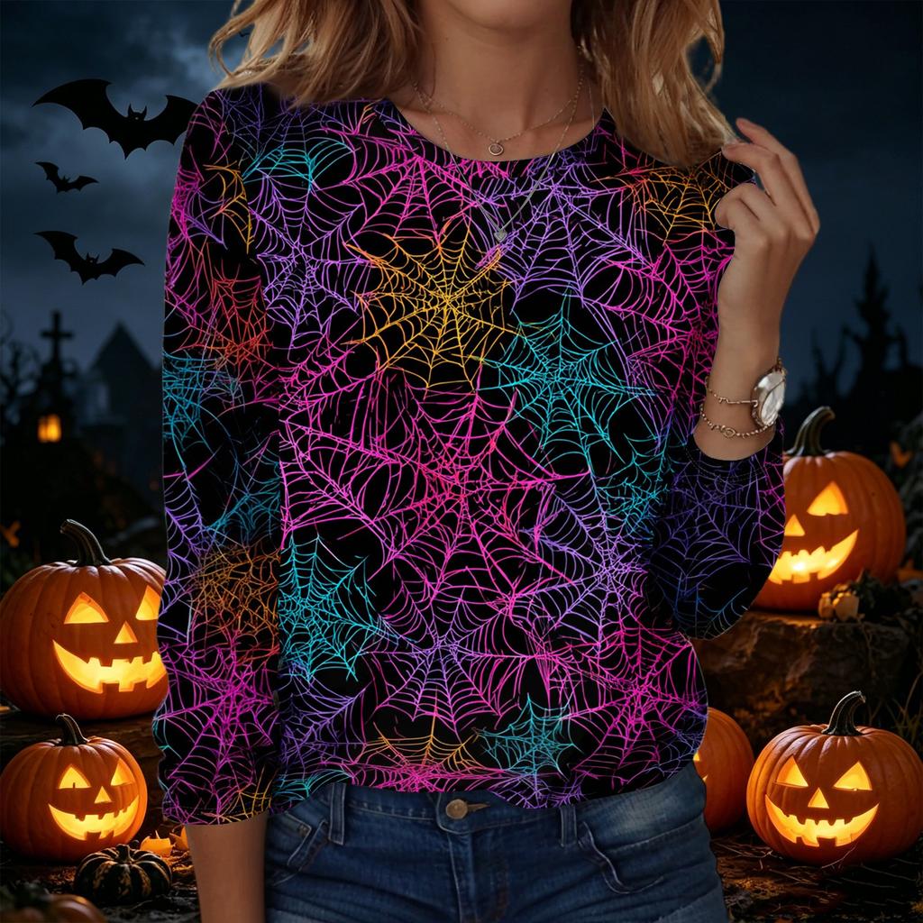 Women's Halloween Print Pullover Sweatshirt Long Sleeve Crew Neck Casual Top Lightweight Soft Fabric Comfortable Fit