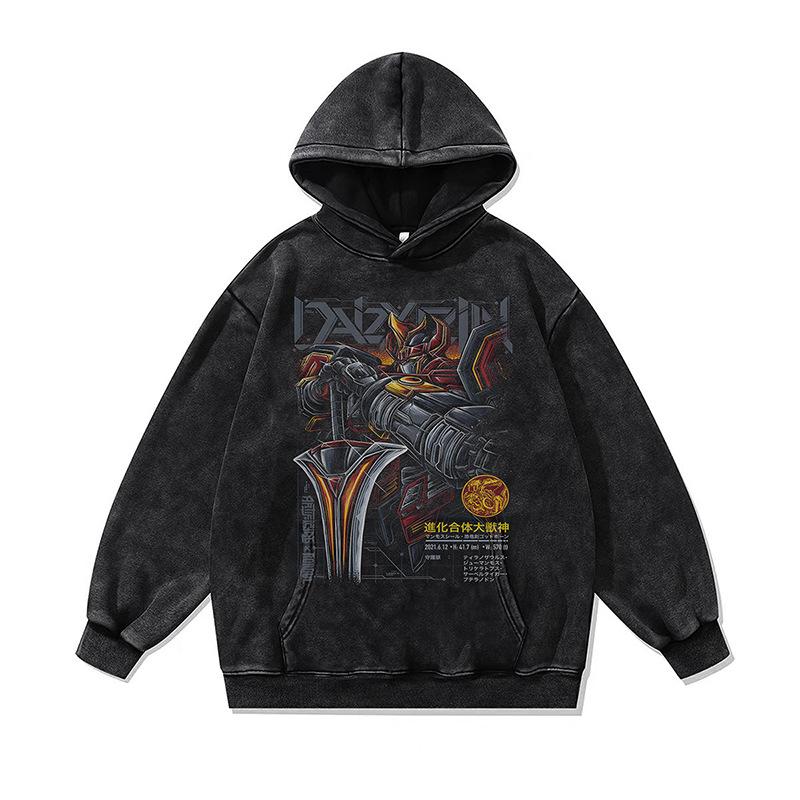American High Street Retro Hooded Sweater Autumn And Winter Cartoon Digital Direct Injection Printing Washed Hoodie Men
