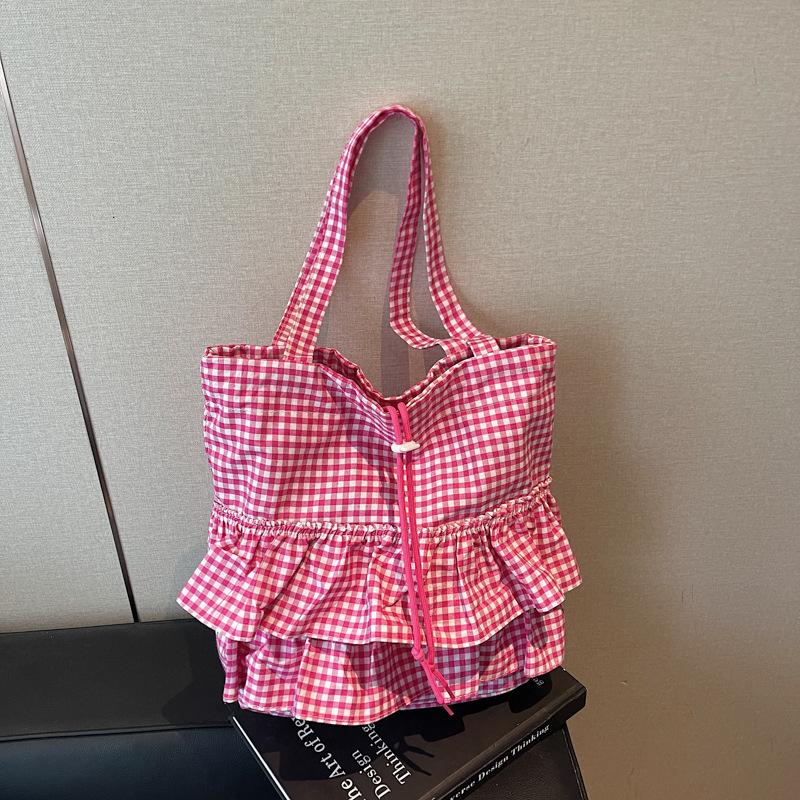 Casual Plaid Ruffle Design Shoulder Bags for Women High Capacity Ladies Tote Bag College Style Girls Drawstring Shopping Handbag
