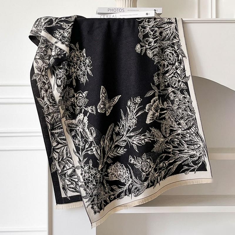 Elegant French Vintage Butterfly Print Faux Cashmere Scarf Women Warm Thick Wrap Shawl Office Winter