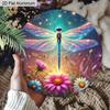 2D Flat Aluminum Colorful Dragonfly Metal Wall Decor Round Sign - Fantasy Garden Insect with Wildflowers & Starry Night Art - Whimsical Hanging